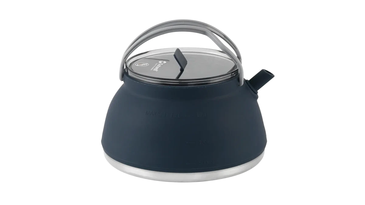 Outwell Collaps Tea Time Kettle 1.5L, a portable collapsible camping kettle with a compact design and stainless steel construction.