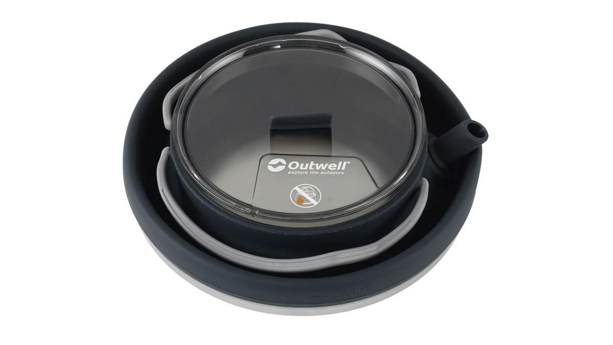 Outwell Collaps Tea Time Kettle 1.5L, a collapsible camping kettle with a compact design and blue handle, ideal for outdoor travel.