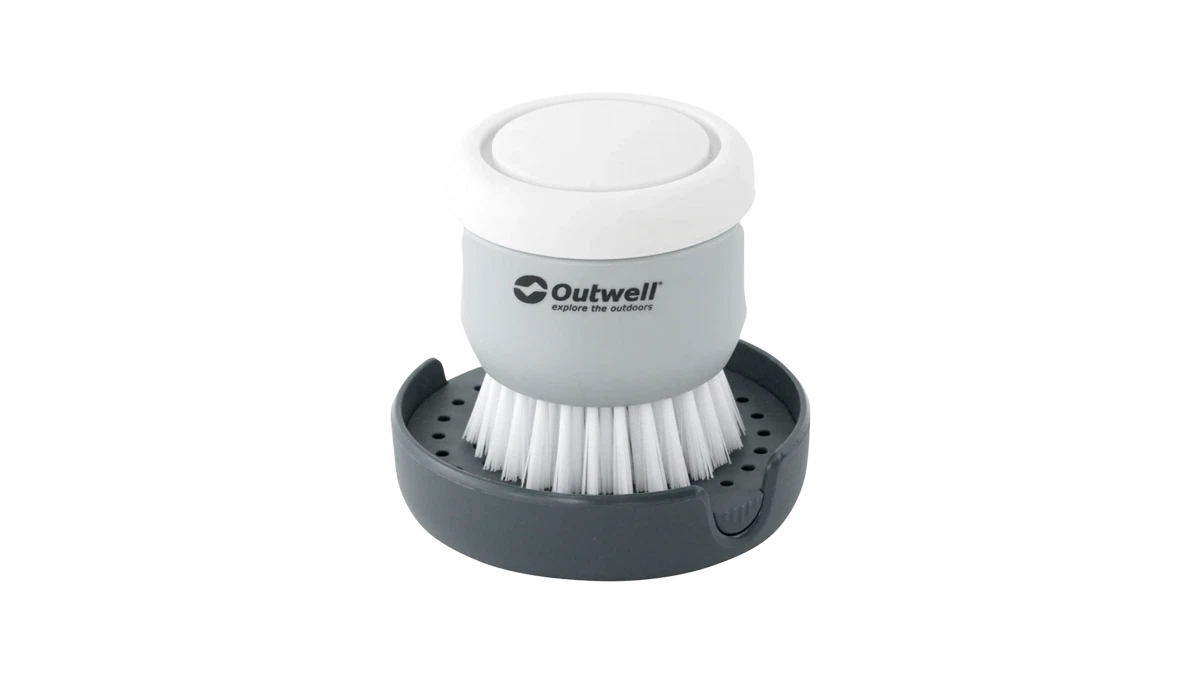 Outwell Kitson brush with soap dispenser, kitchenware set featuring a wooden handle and integrated soap dispenser for kitchen cleaning.