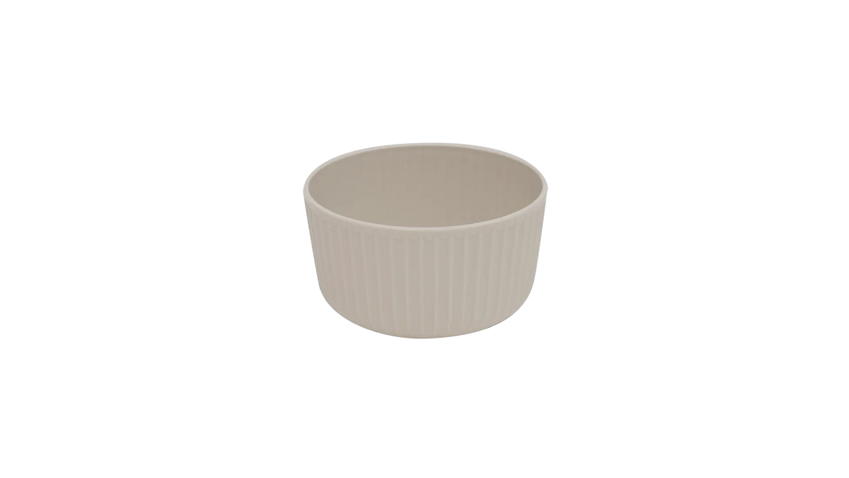 Outwell Delish 4-Person Dinner Set in sandstone, durable tableware for outdoor dining, includes plates, bowls, and mugs.
