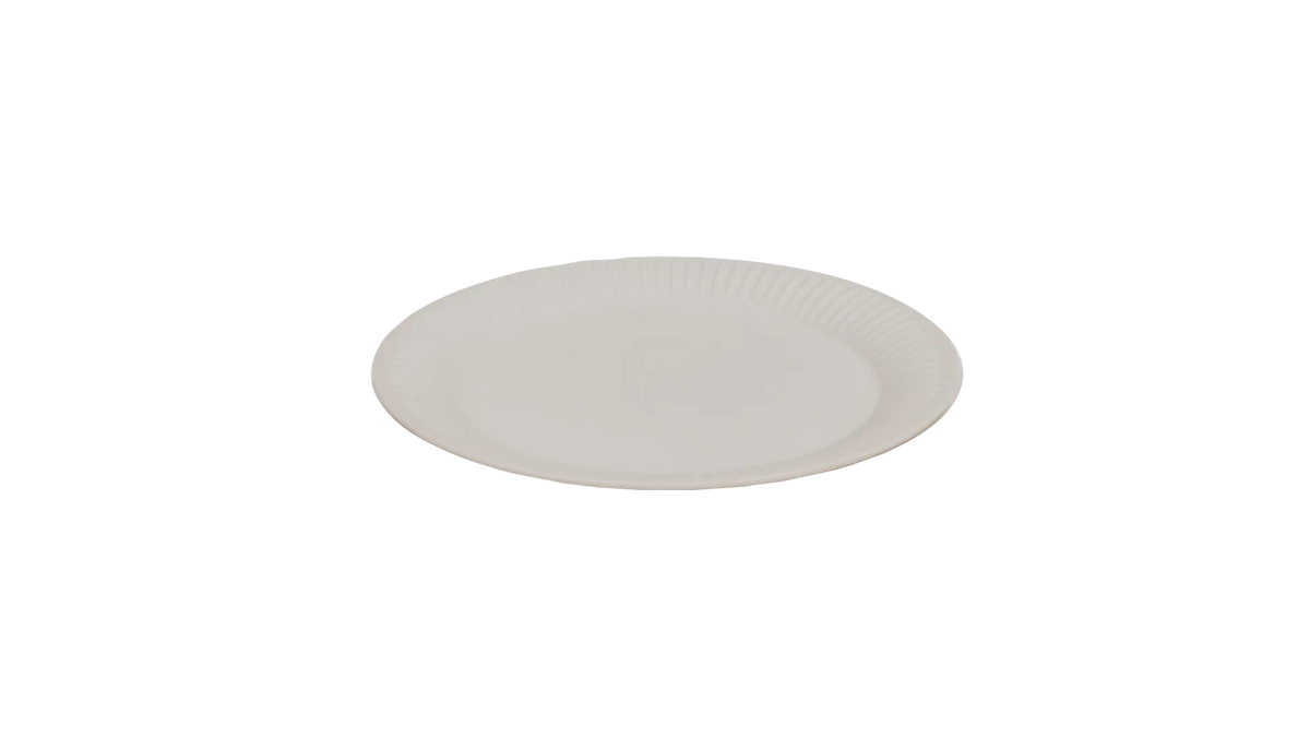 Outwell Delish 4-person dinner set in sandstone with plates, bowls, and mugs for outdoor dining and camping.