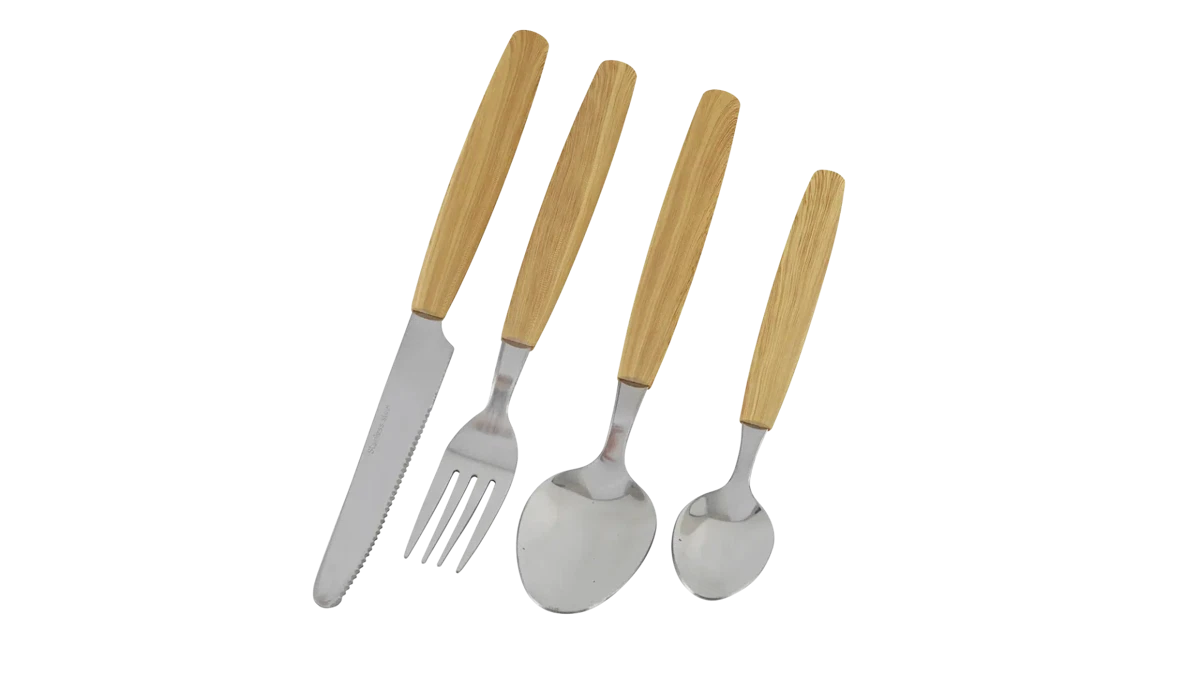 Outwell Cordona Box cutlery set with stainless steel forks, knives, and spoons arranged in a compact storage box.