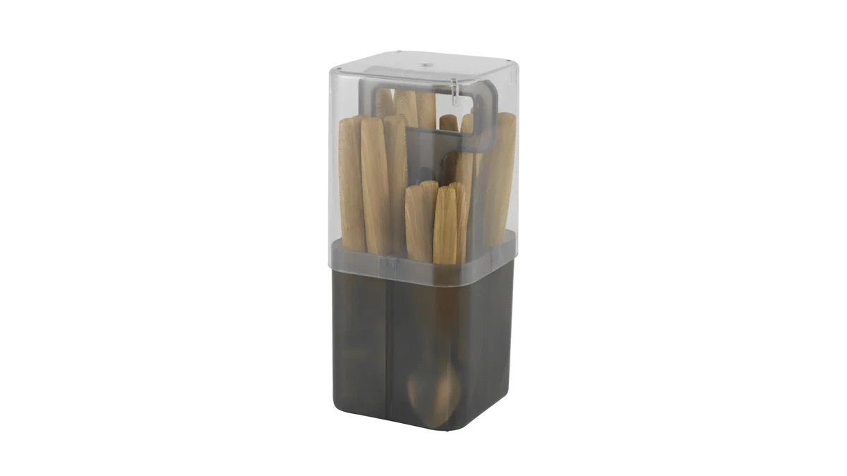 Outwell Cordona Box cutlery set with stainless steel forks, knives, and spoons arranged in a compact tableware box.