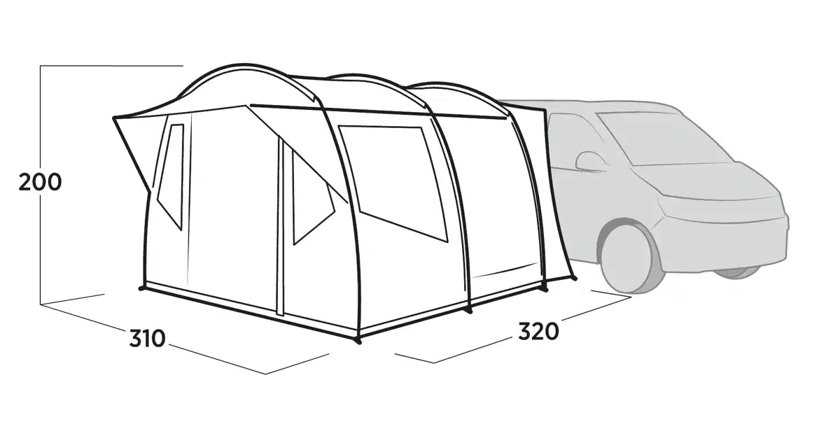Easy Camp Reine Drive-away Van Awning set up outside a camper van, showcasing its spacious fabric extension and sturdy frame.