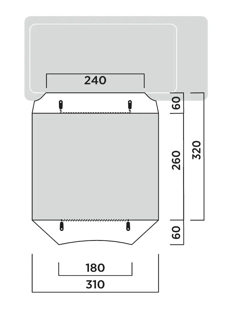 Easy Camp Reine Drive-away Van Awning set up outside a camper van, showing its fabric material and attachment points.