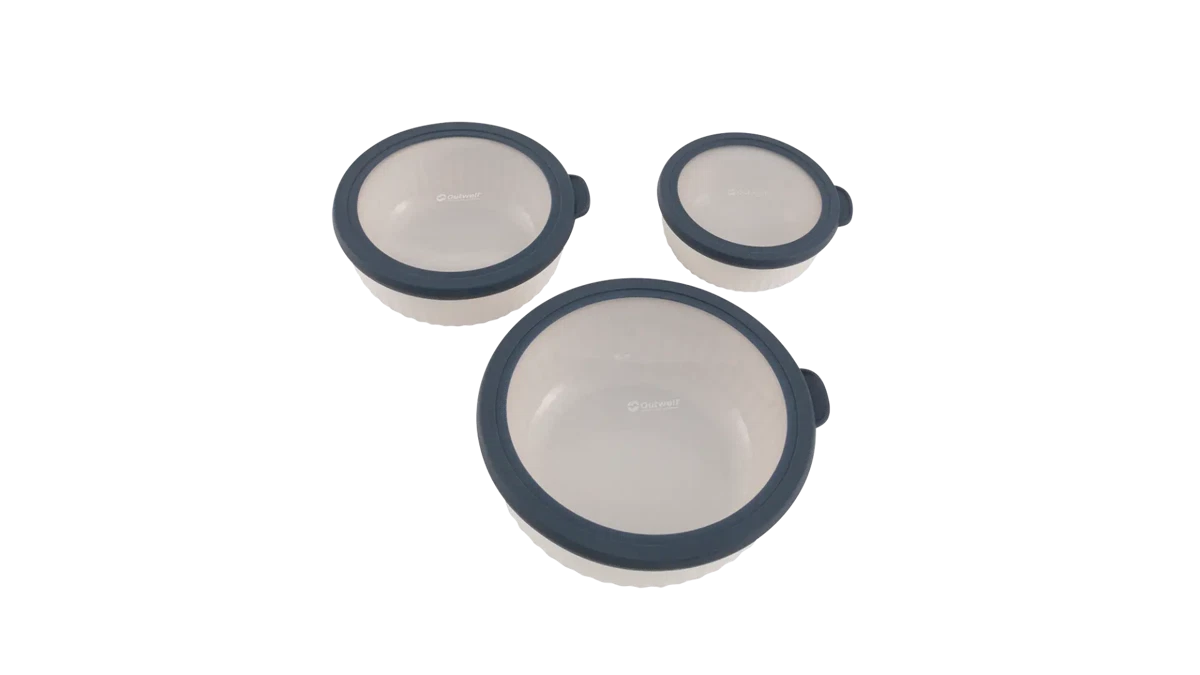 Outwell Cookout Bowl Set with Lids for outdoor kitchen use, featuring durable kitchenware for camping and picnics.