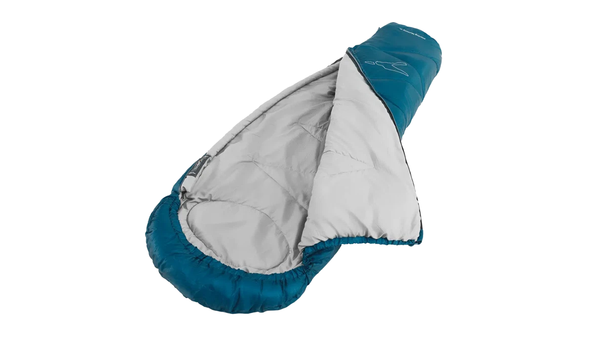 Blue Easy Camp Starling Mummy Junior sleeping bag, lightweight and insulated, designed for kids' camping accessories.