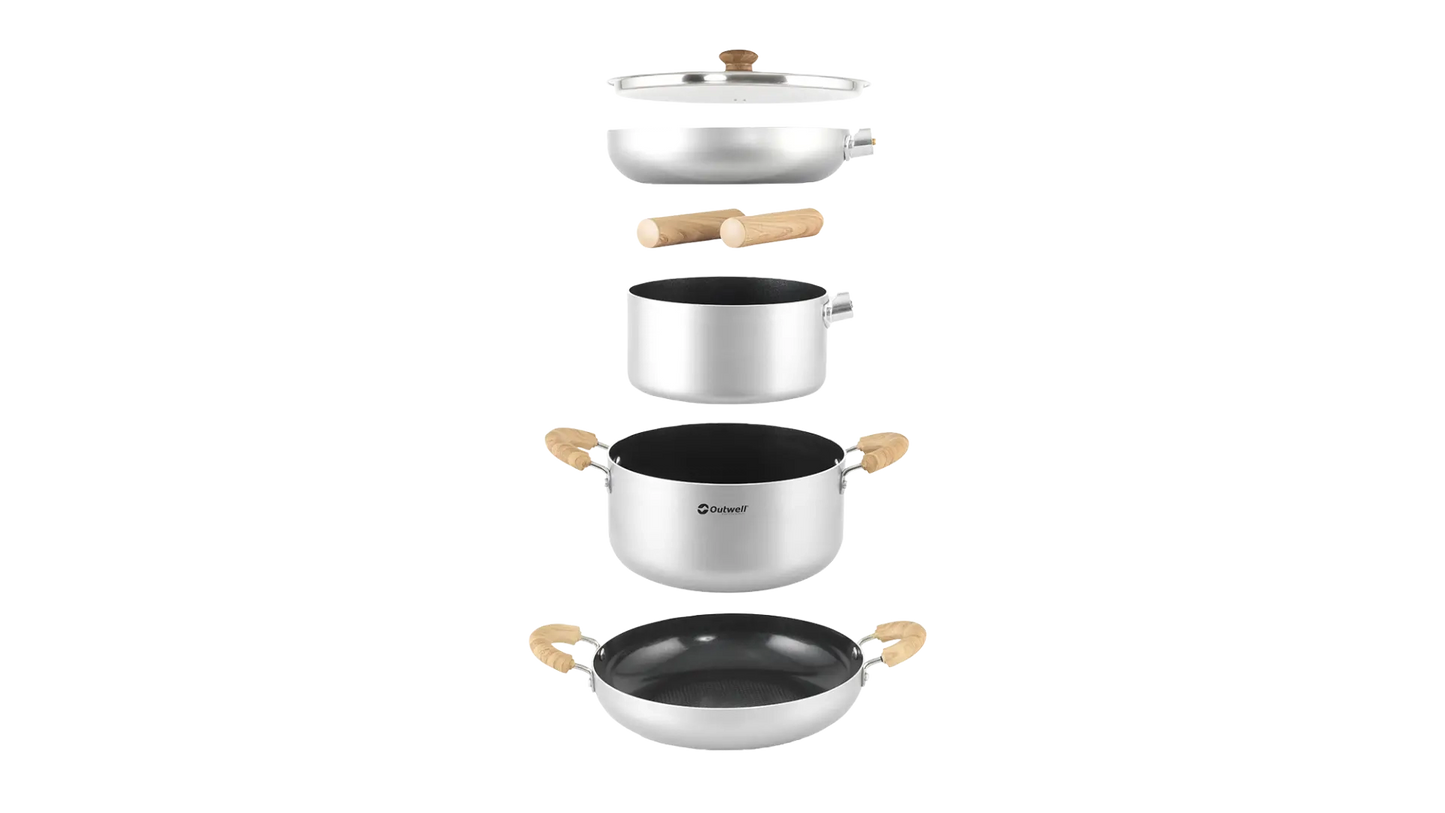 Outwell Feast Ceramic Kitchenware set XL with multiple plates and bowls, showcasing durable ceramic design and vibrant colors.