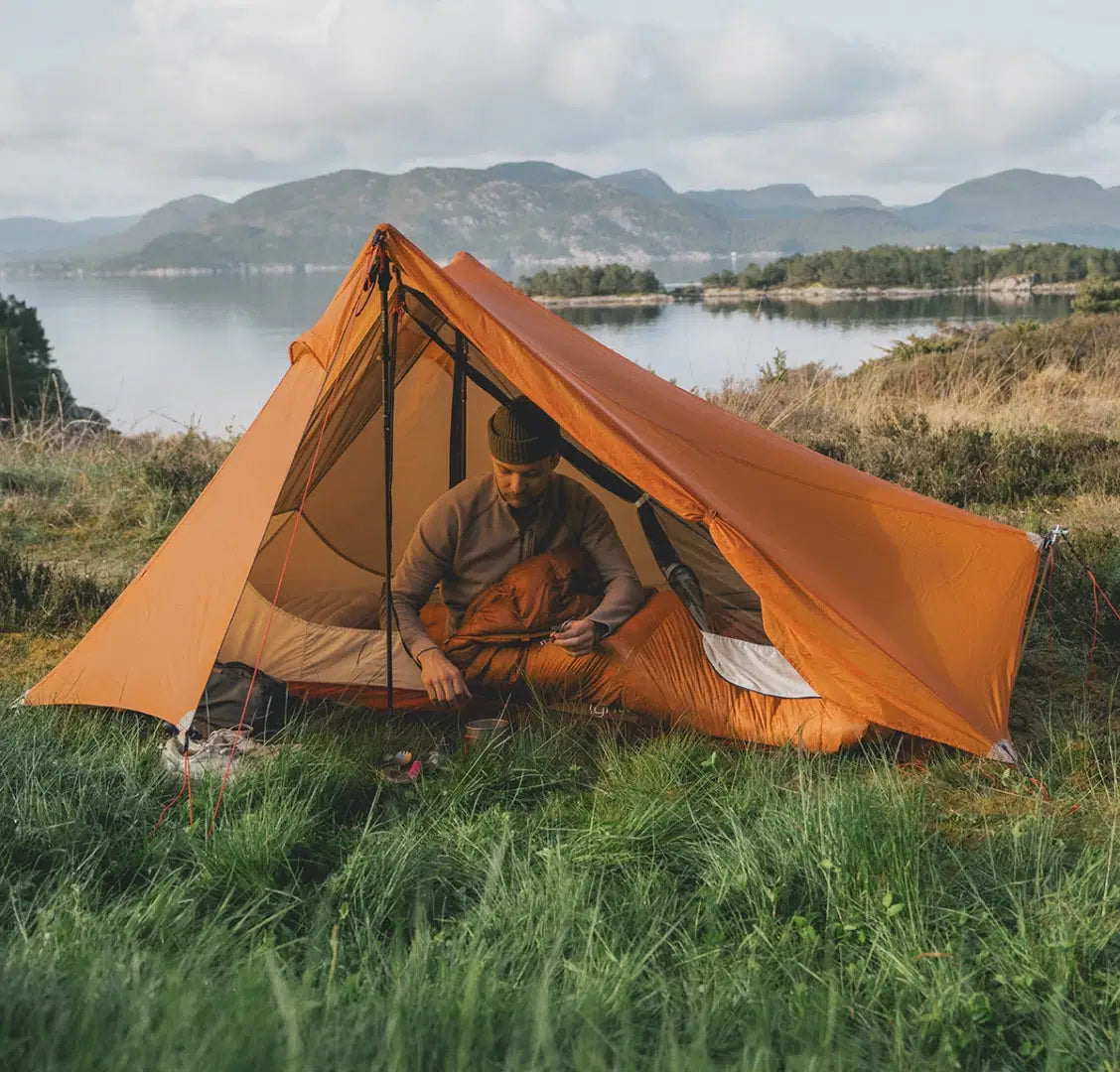 Robens Via 1 UL 1-person trekking pole tent set up outdoors, lightweight ultralight camping tent with rainfly and mesh inner for backpacking