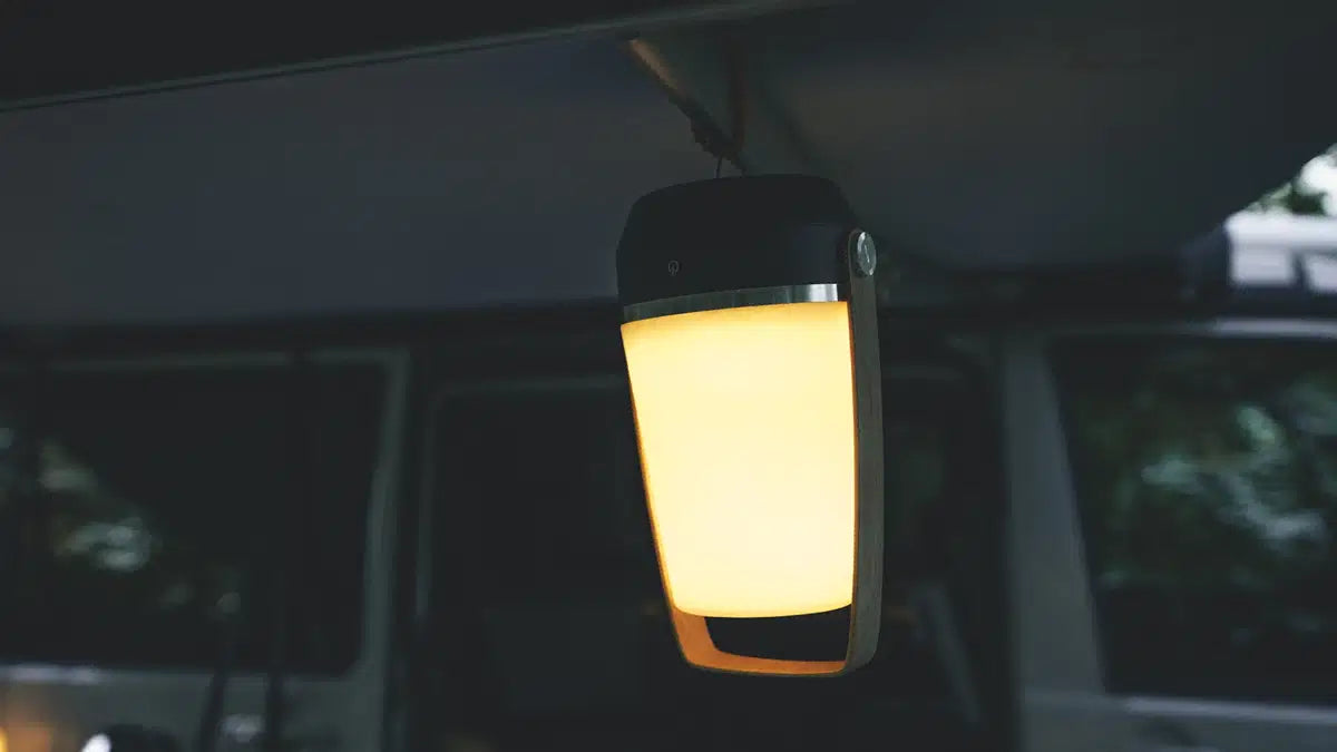 Outwell Aurelia L outdoor lighting fixture with a sleek black design and adjustable brightness for camping or outdoor use