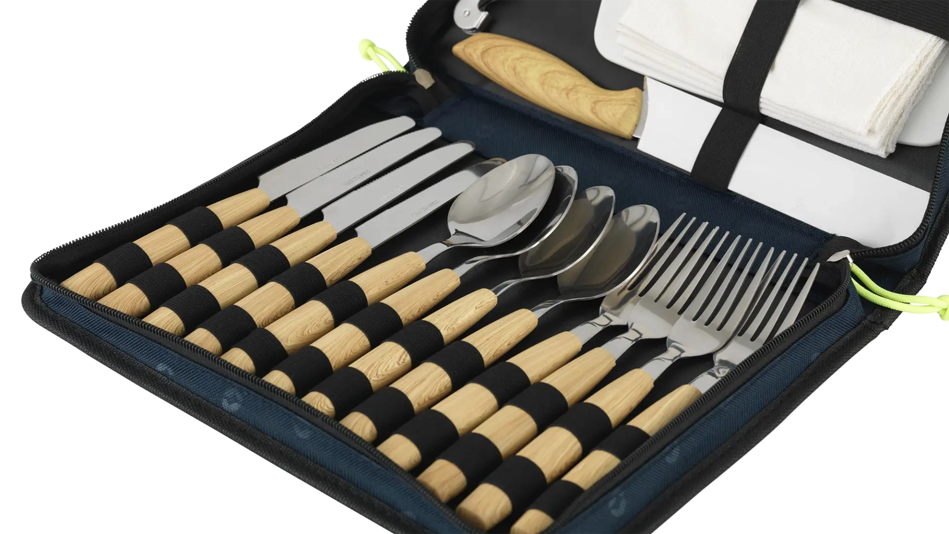 Outwell Morella picnic cutlery set with stainless steel knives, forks, and spoons arranged on a wooden table for outdoor dining.