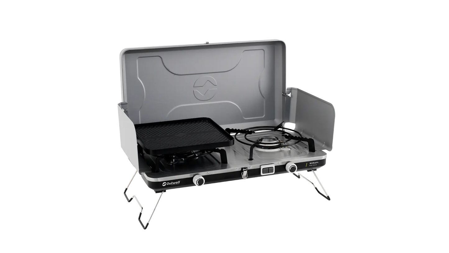 Outwell Merapi Pro Duo Deluxe burner and stove, portable camping cooking gear, with multiple burners and sturdy design.