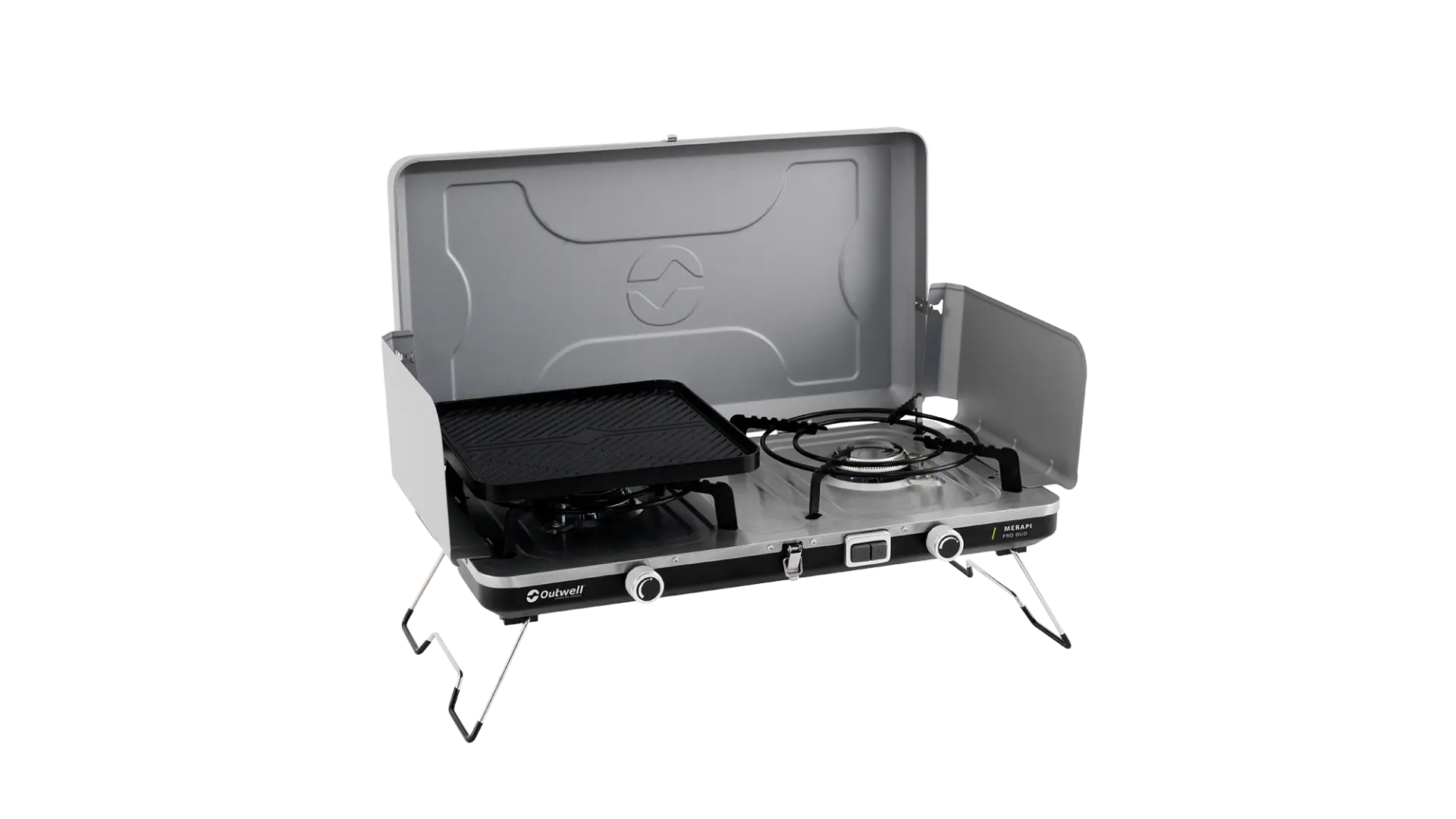 Outwell Merapi Pro Duo Deluxe burner and stove, portable camping cooking gear, with multiple burners and sturdy design.