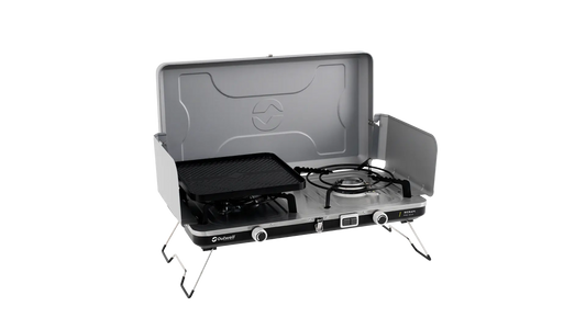 Outwell Merapi Pro Duo Deluxe burner and stove, portable camping cooking gear, with multiple burners and sturdy design.