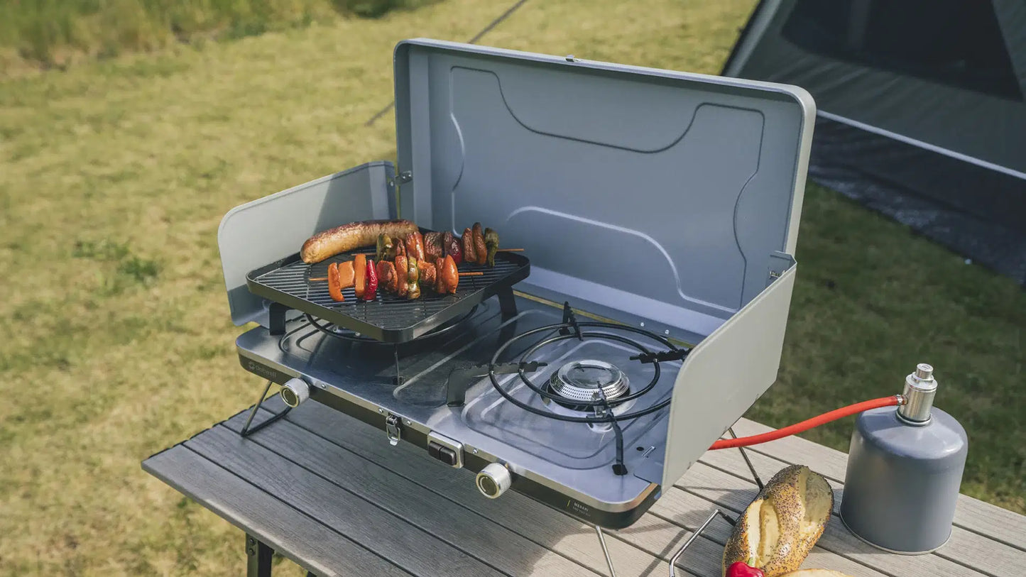 Outwell Merapi Pro Duo Deluxe burner and stove with dual burners, compact design, and sturdy construction for outdoor cooking.