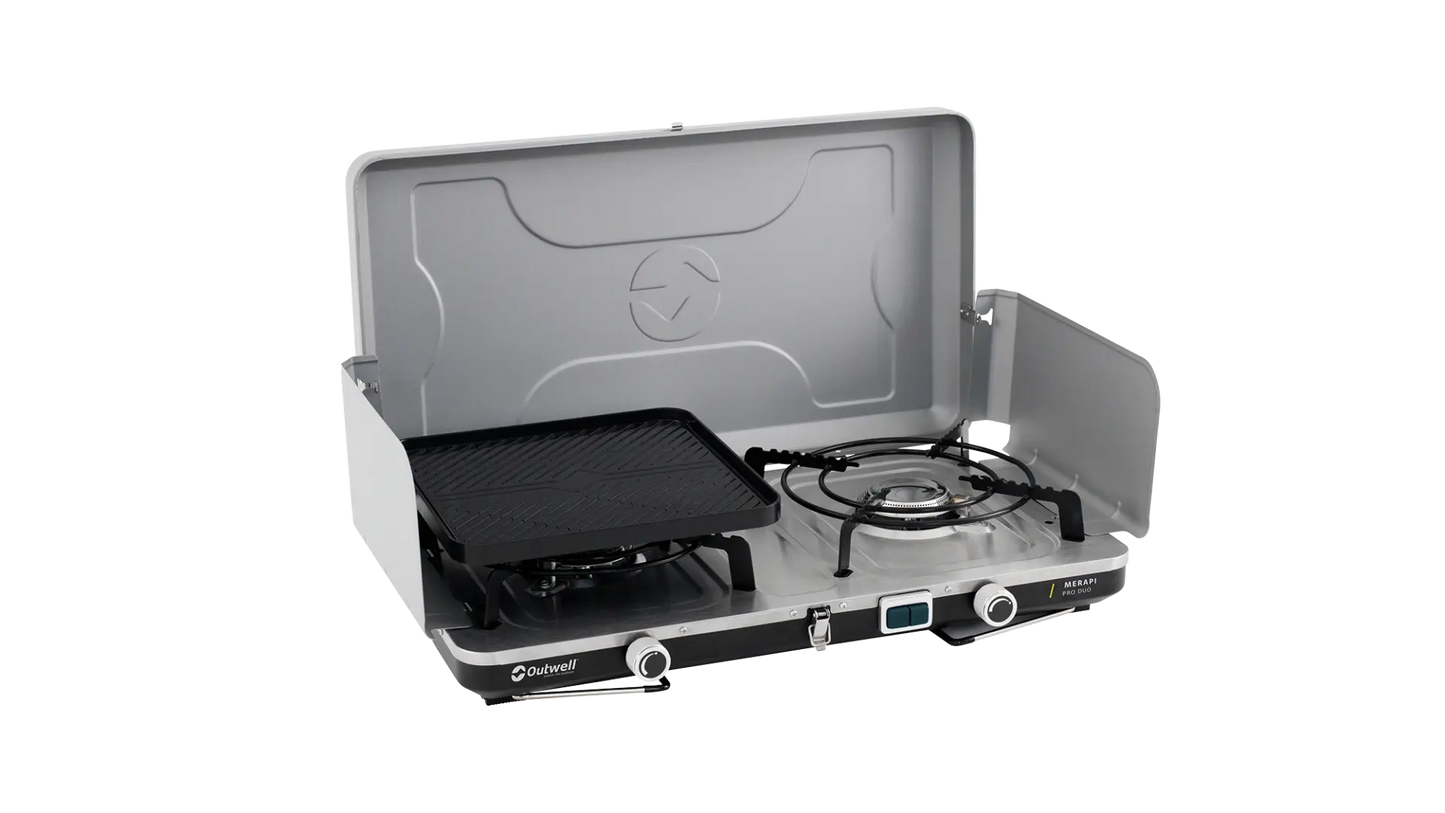 Outwell Merapi Pro Duo Deluxe stove with two burners, compact camping stove for outdoor cooking, black and silver design, front view