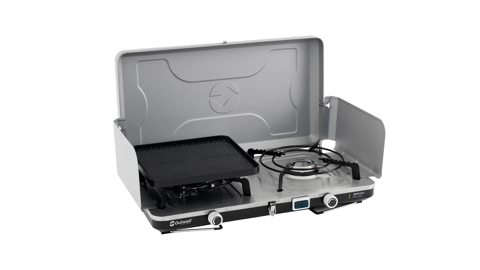 Outwell Merapi Pro Duo Deluxe stove with two burners, compact camping stove for outdoor cooking, black and silver design, front view