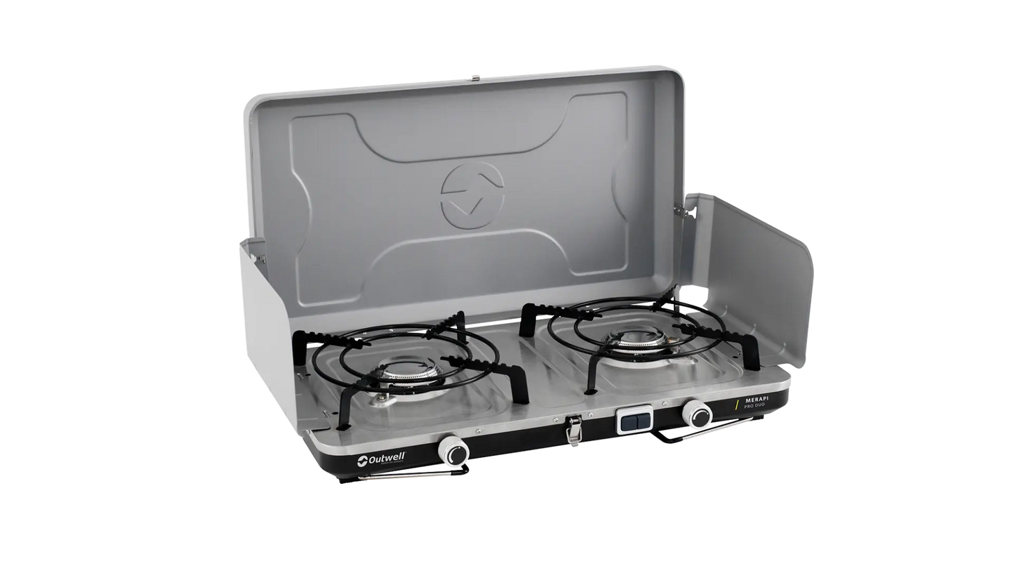 Outwell Merapi Pro Duo Deluxe burner and stove with dual burners and control knobs, designed for outdoor camping cooking.