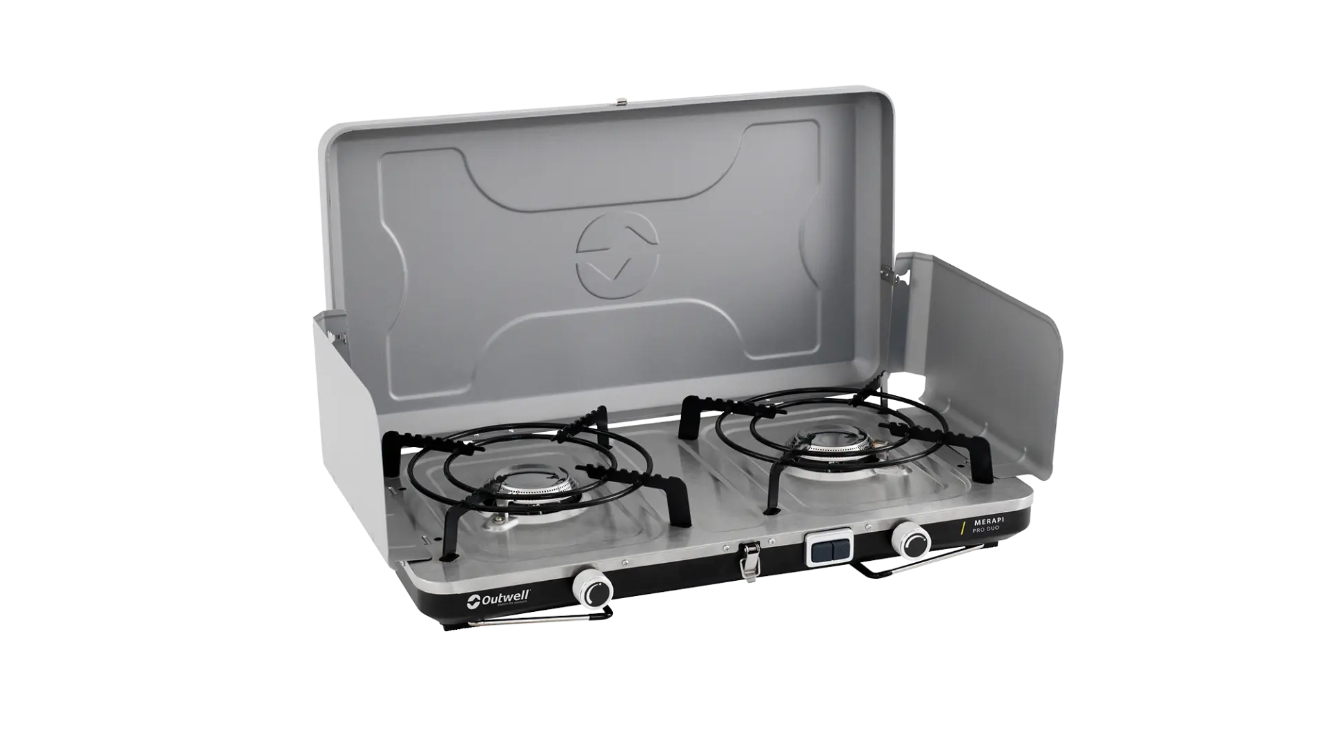 Outwell Merapi Pro Duo Deluxe burner and stove with dual burners and control knobs, designed for outdoor camping cooking.