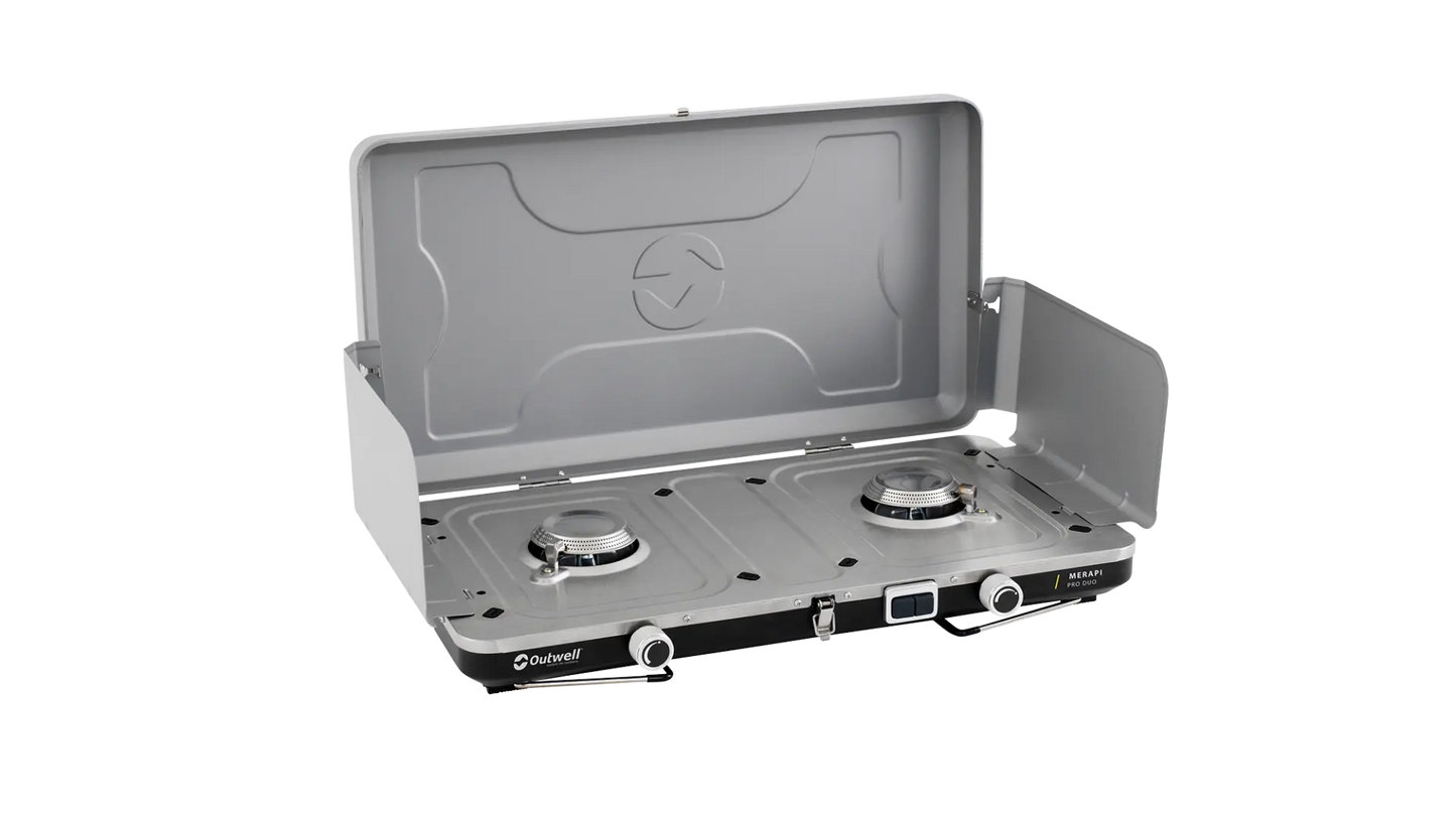 Outwell Merapi Pro Duo Deluxe burner and stove with four burners, compact camping cooking equipment, and durable design.