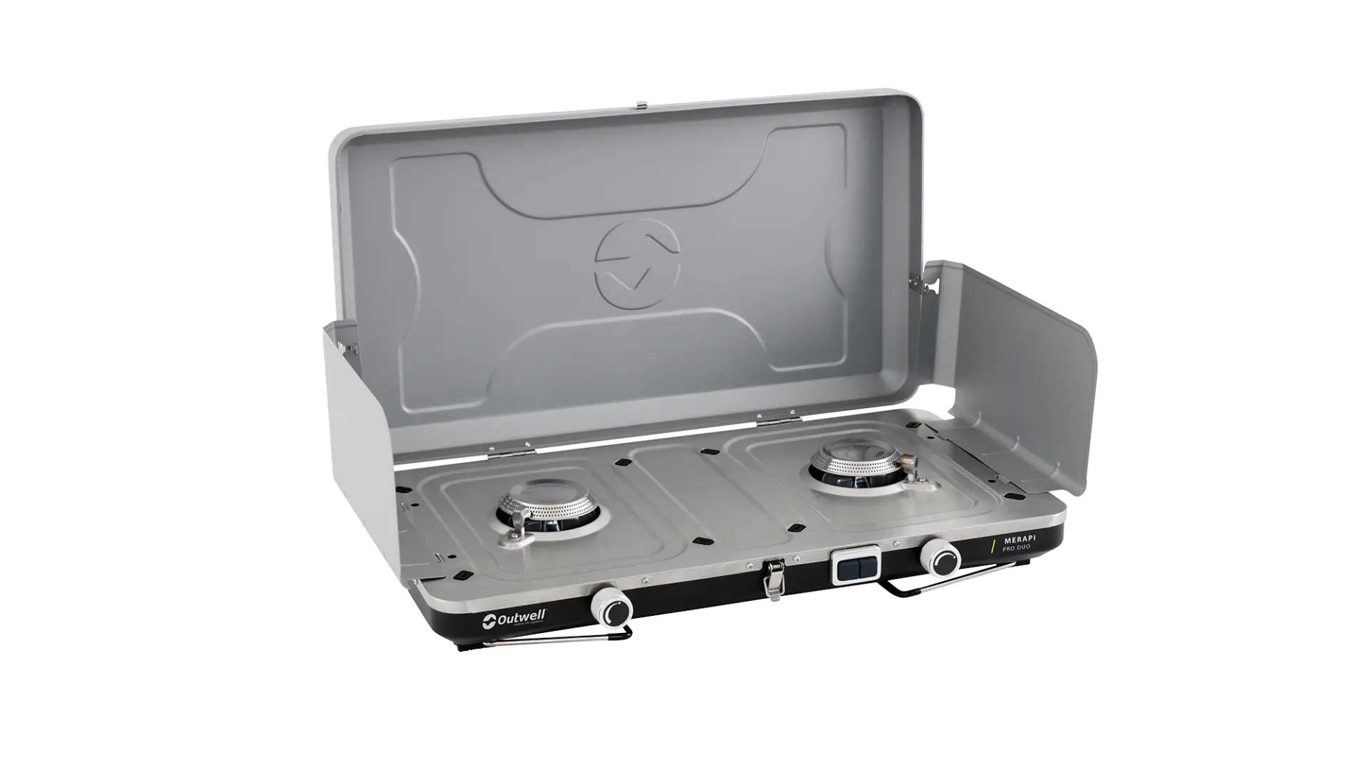 Outwell Merapi Pro Duo Deluxe burner and stove with four burners, compact camping cooking equipment, and durable design.