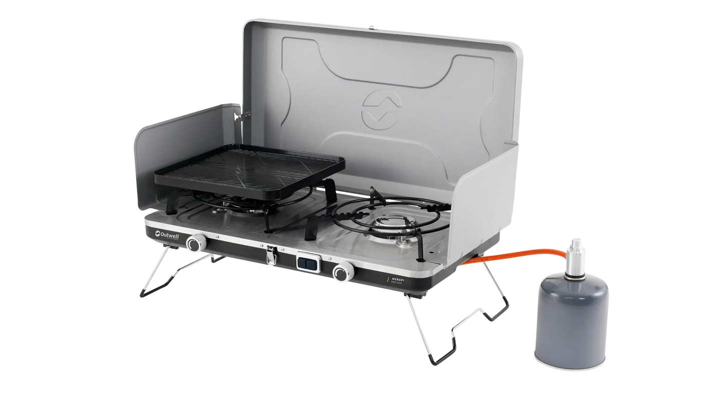 Outwell Merapi Pro Duo Deluxe burner and stove, compact outdoor cooking appliance with dual burners and sturdy design.