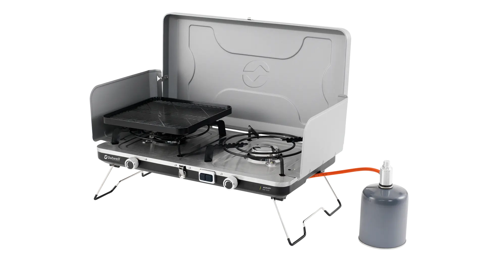 Outwell Merapi Pro Duo Deluxe burner and stove, compact outdoor cooking appliance with dual burners and sturdy design.