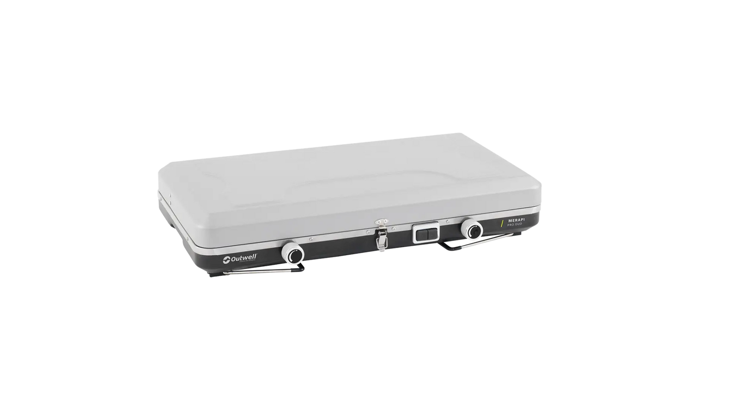 Outwell Merapi Pro Duo Deluxe burner and stove with two burners, stainless steel surface, and control knobs for outdoor cooking.