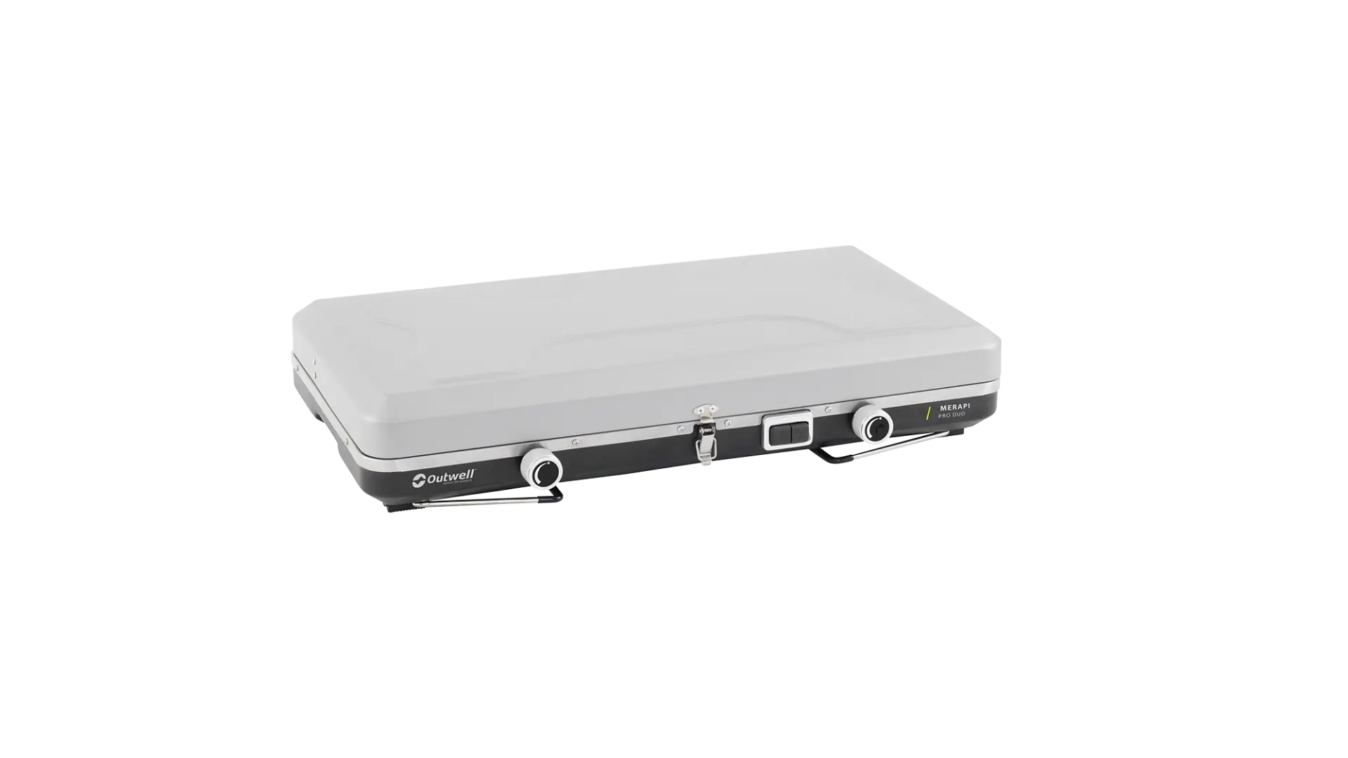 Outwell Merapi Pro Duo Deluxe burner and stove with two burners, stainless steel surface, and control knobs for outdoor cooking.