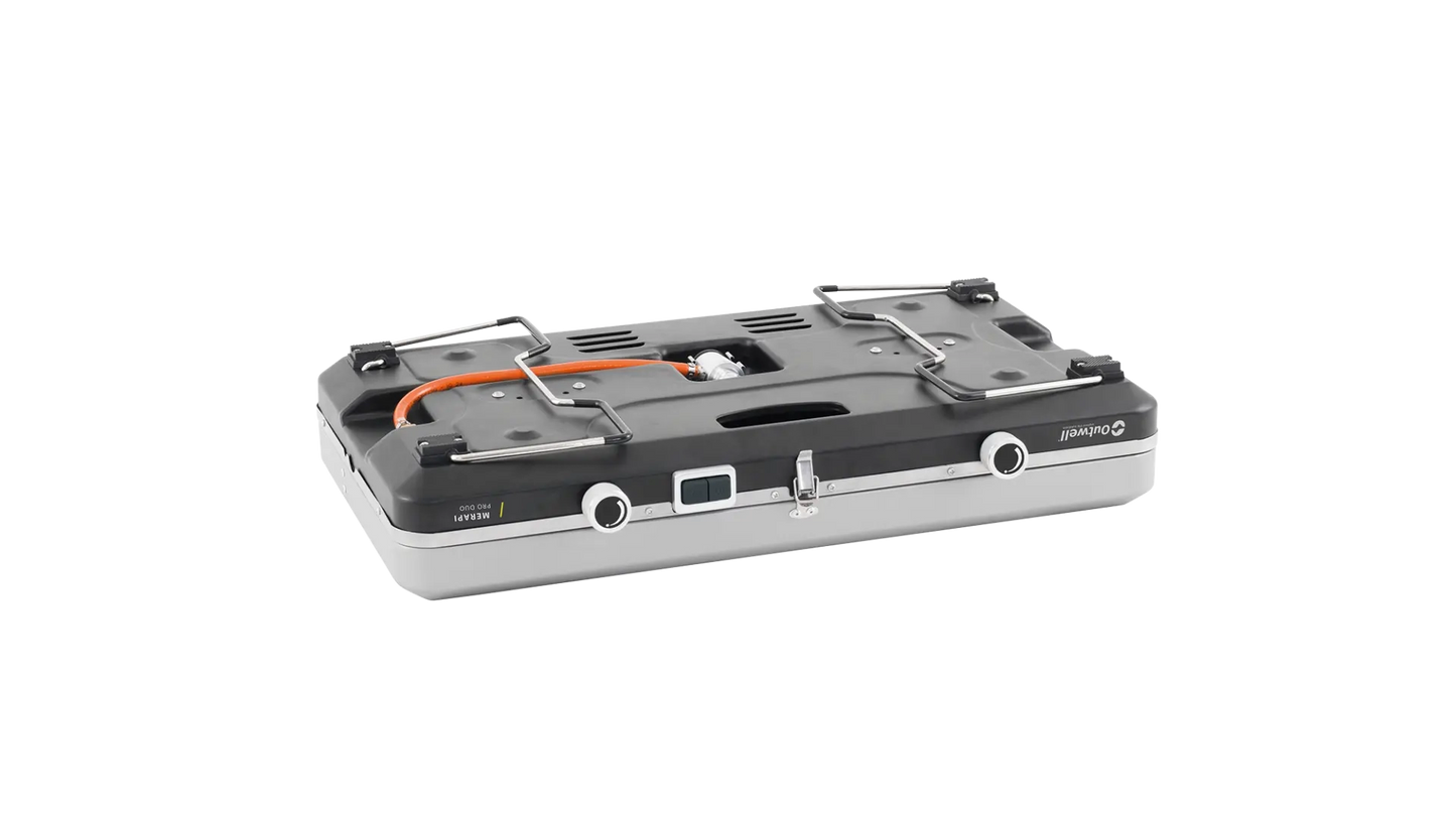 Outwell Merapi Pro Duo Deluxe burner and stove with two burners, compact camping cooking gear in black and silver.