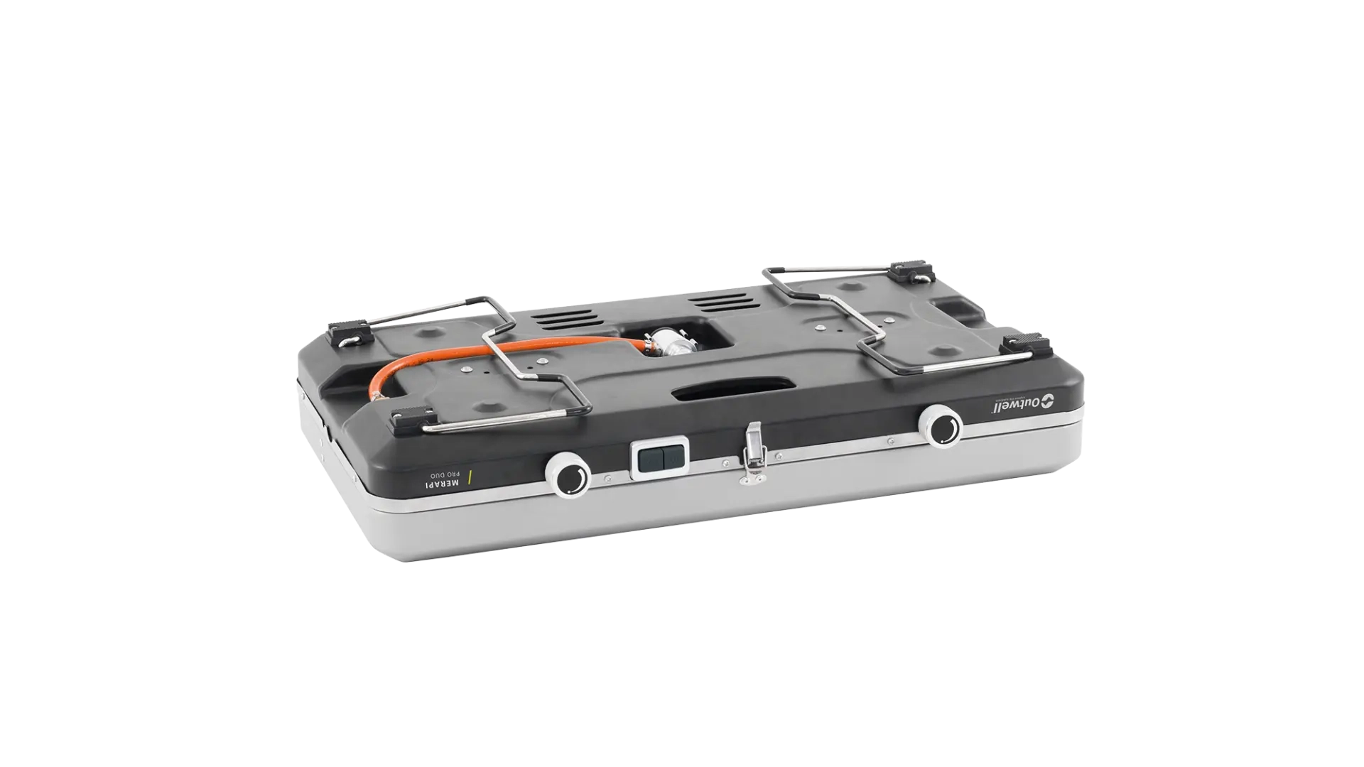 Outwell Merapi Pro Duo Deluxe burner and stove with two burners, compact camping cooking gear in black and silver.