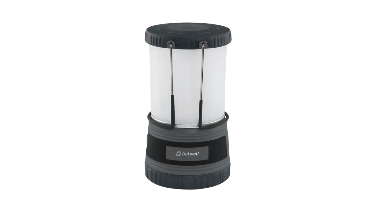 Outwell Carnelian DC 1000 LED camping light showing a compact black outdoor lighting device with adjustable settings.