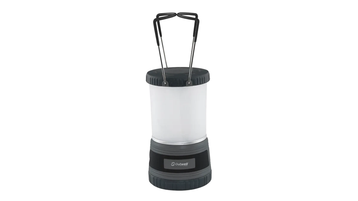 Outwell Carnelian DC 1000 camping lantern emitting bright LED light, compact and portable outdoor lighting for camping and outdoor activities.