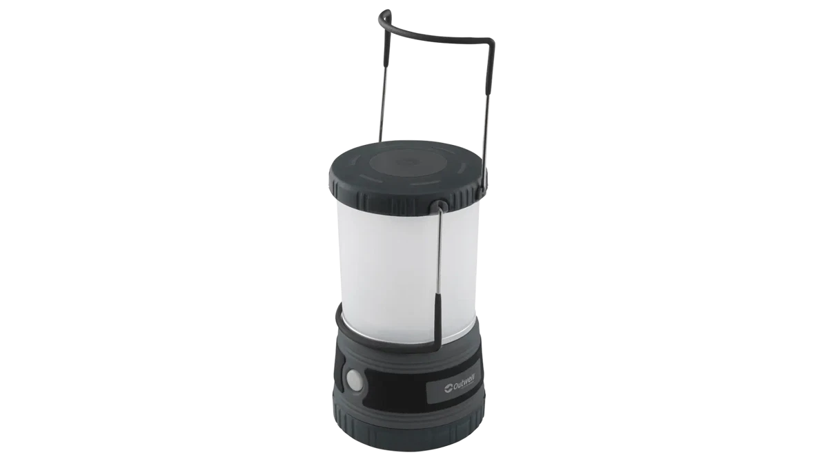 Outwell Carnelian DC 1000 camping lantern emitting bright white light, compact design with adjustable brightness for outdoor lighting.