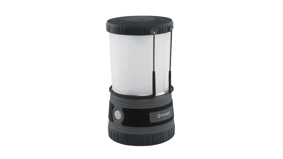 Outwell Carnelian DC 1000 LED camping light showing bright illumination and compact design for outdoor use