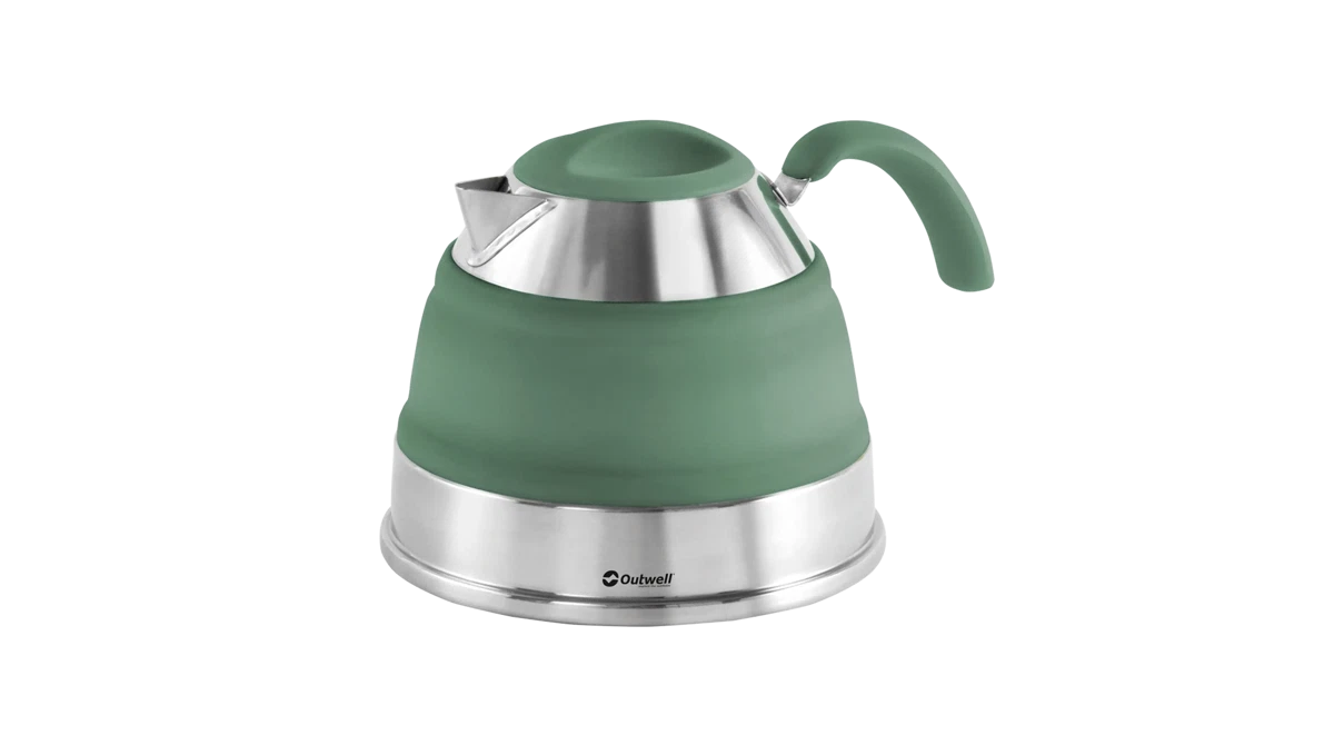 Outwell Collaps Kettle 1.5L in Shadow Green, compact and foldable camping kettle for outdoor use.