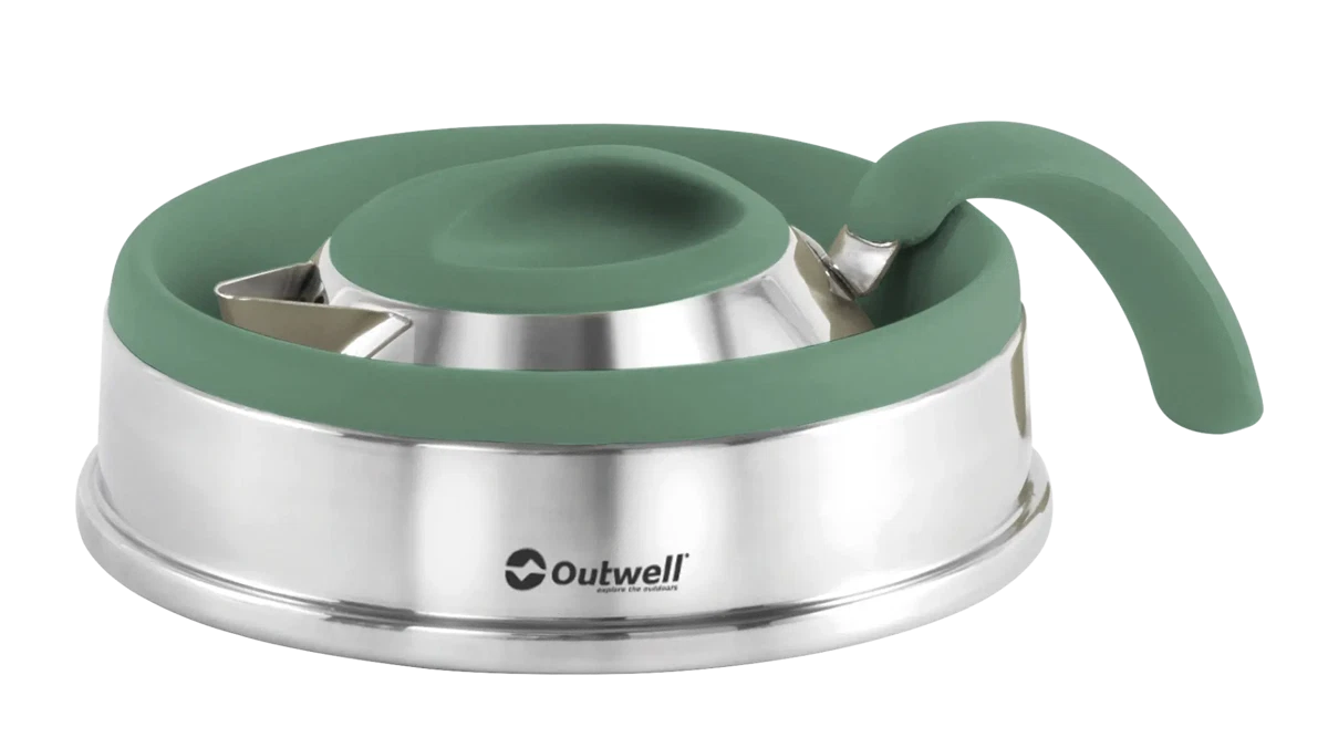 Outwell Collaps Kettle 1.5L in Shadow Green, a compact, collapsible camping kettle for outdoor cooking and travel use.