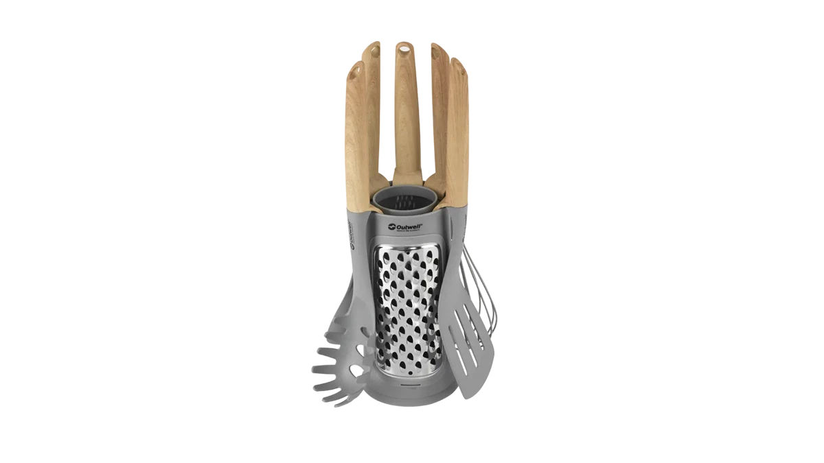 Outwell Adana Utensil Set in a kitchenware image, including spatulas, spoons, and tongs arranged on a countertop.