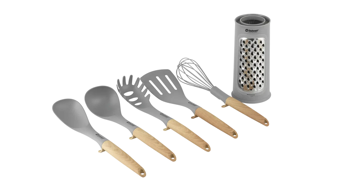 Outwell Adana utensil set with wooden handles and stainless steel tools for kitchen use, displayed on a white background.