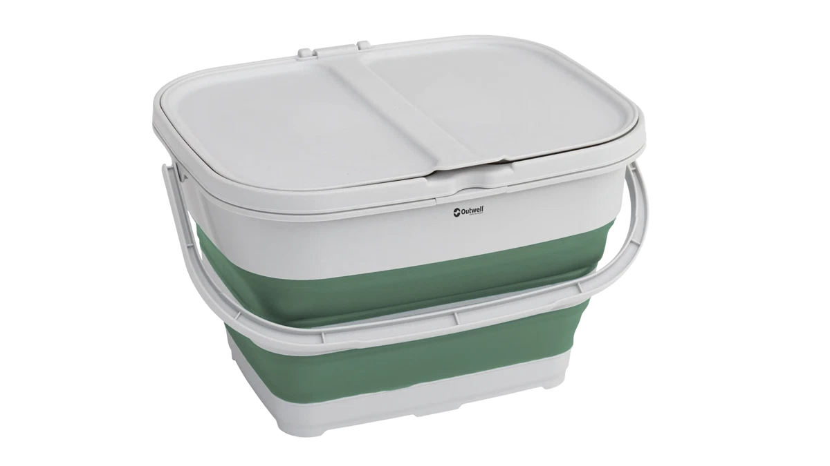 Outwell Collaps RecycleIt Basket in Shadow Green, a foldable waste collection basket with a sturdy handle for outdoor or camping use.
