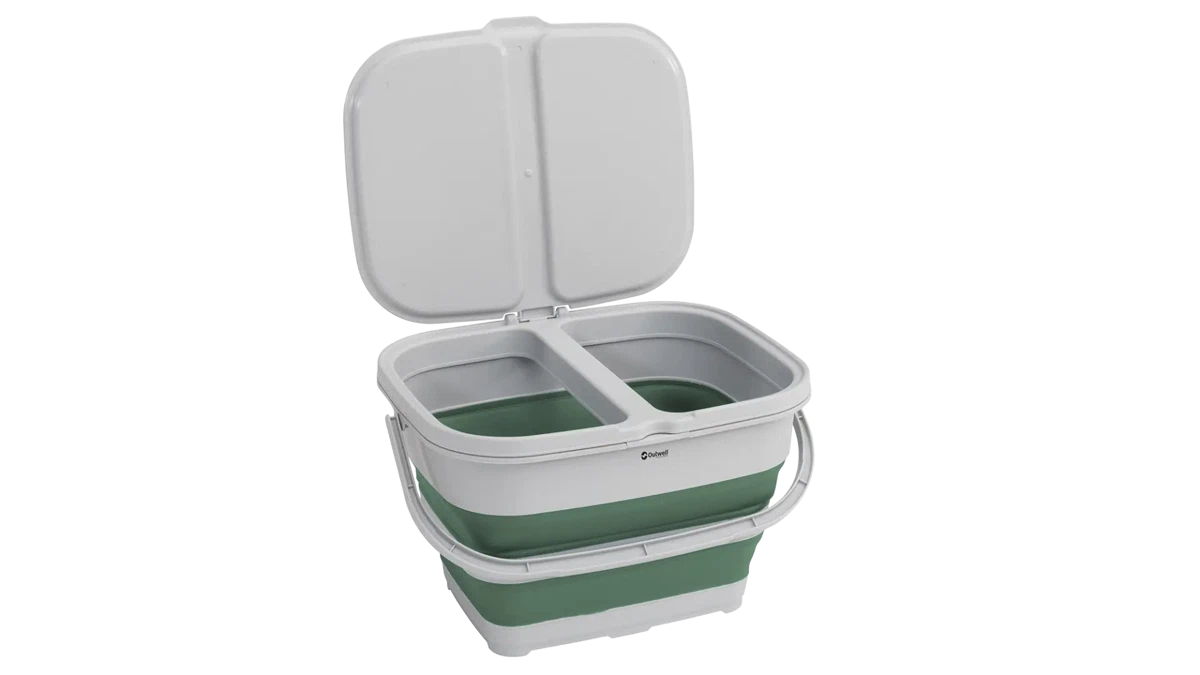 Outwell Collaps RecycleIt basket in shadow green, lightweight collapsible waste or storage bin with handles for easy transport.
