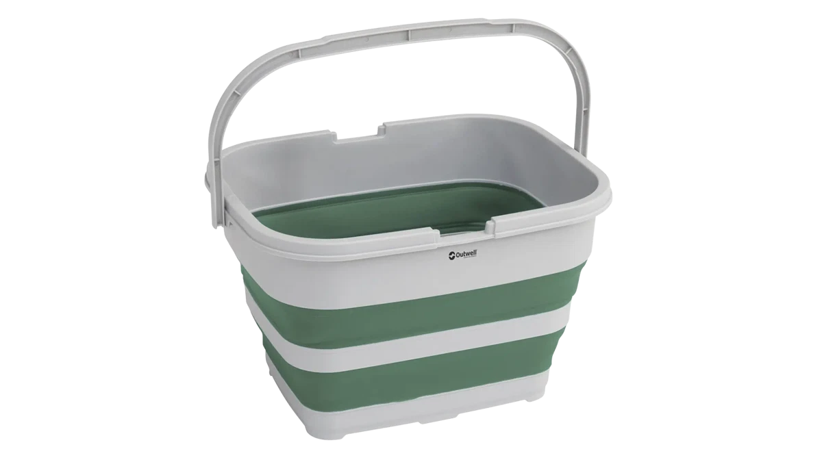 Outwell Collapsible RecycleIt Basket in Shadow Green, made of eco-friendly materials, shown folded and expanded for storage.