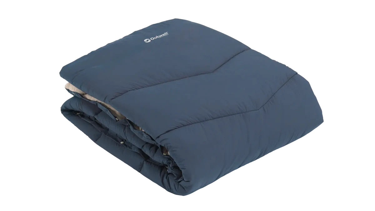 Outwell Caldera Double Blue duvet spread with soft fabric and stitched pattern, designed for comfortable sleeping.